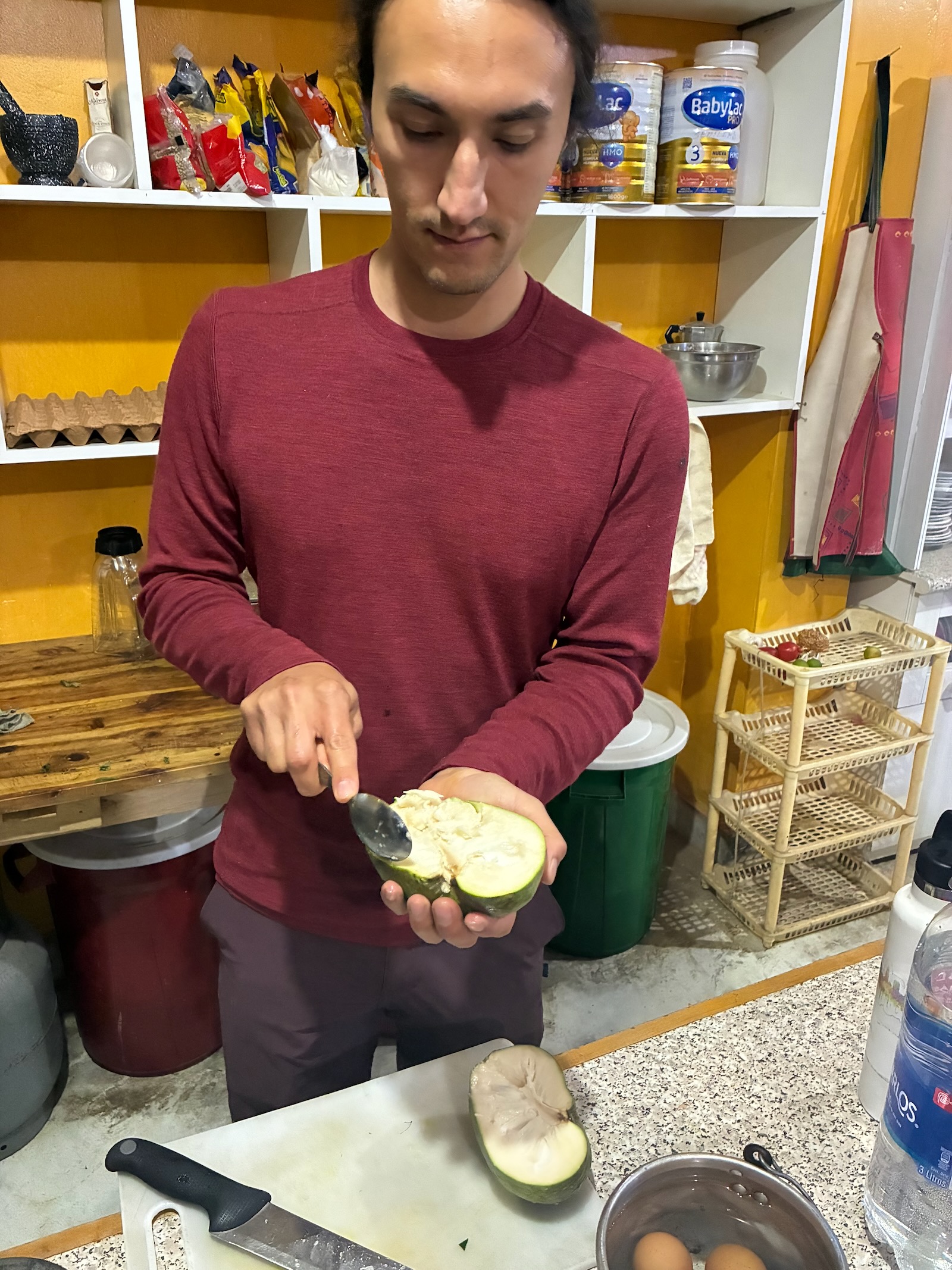 Carlos eats a chirimoya, my mom's favorite fruit